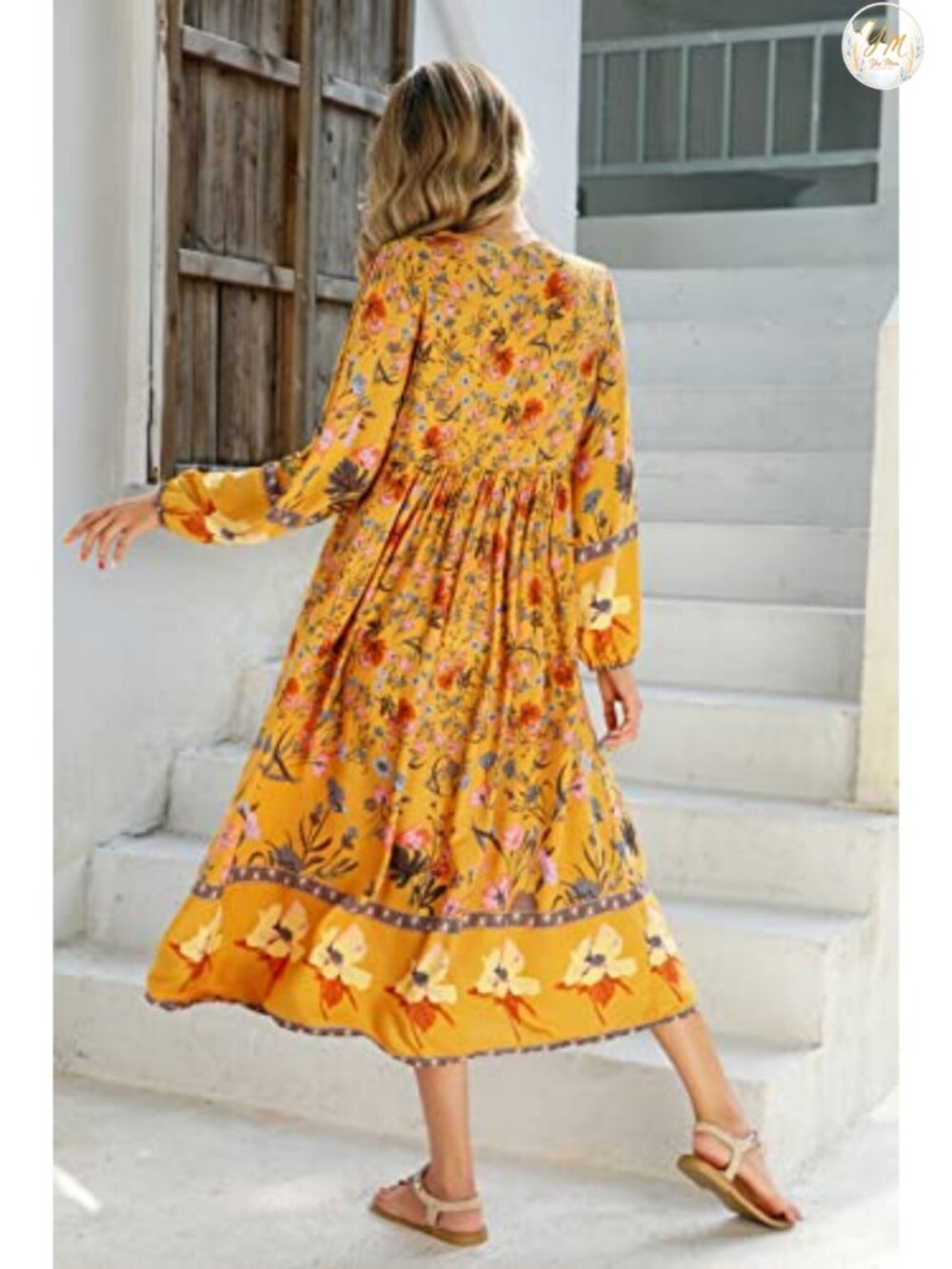 Boho Floral Midi Dress with Tassel Tie, Long Sleeve V-Neck - Picture 4 of 6